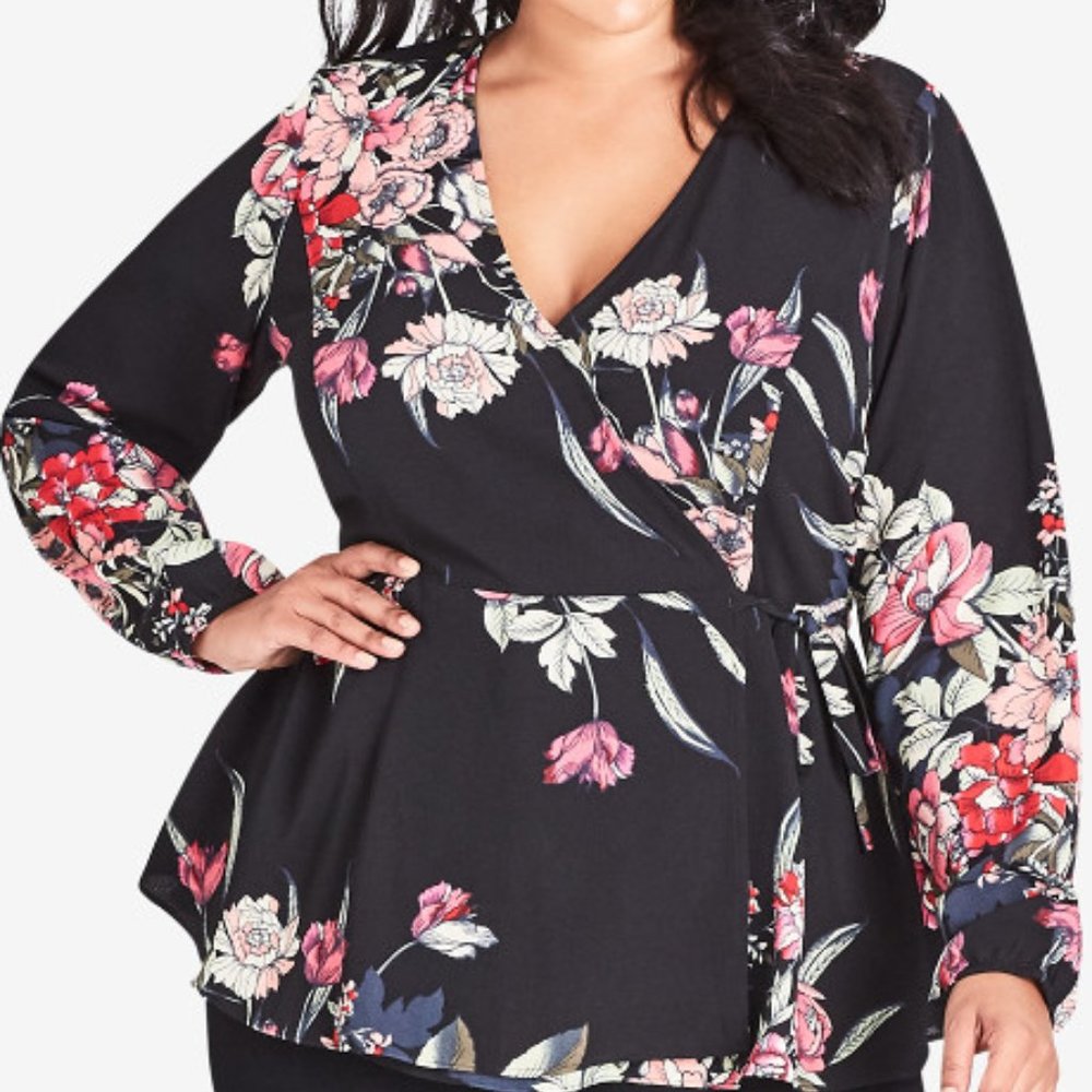 City Chic Black Floral Kimono Wrap Top